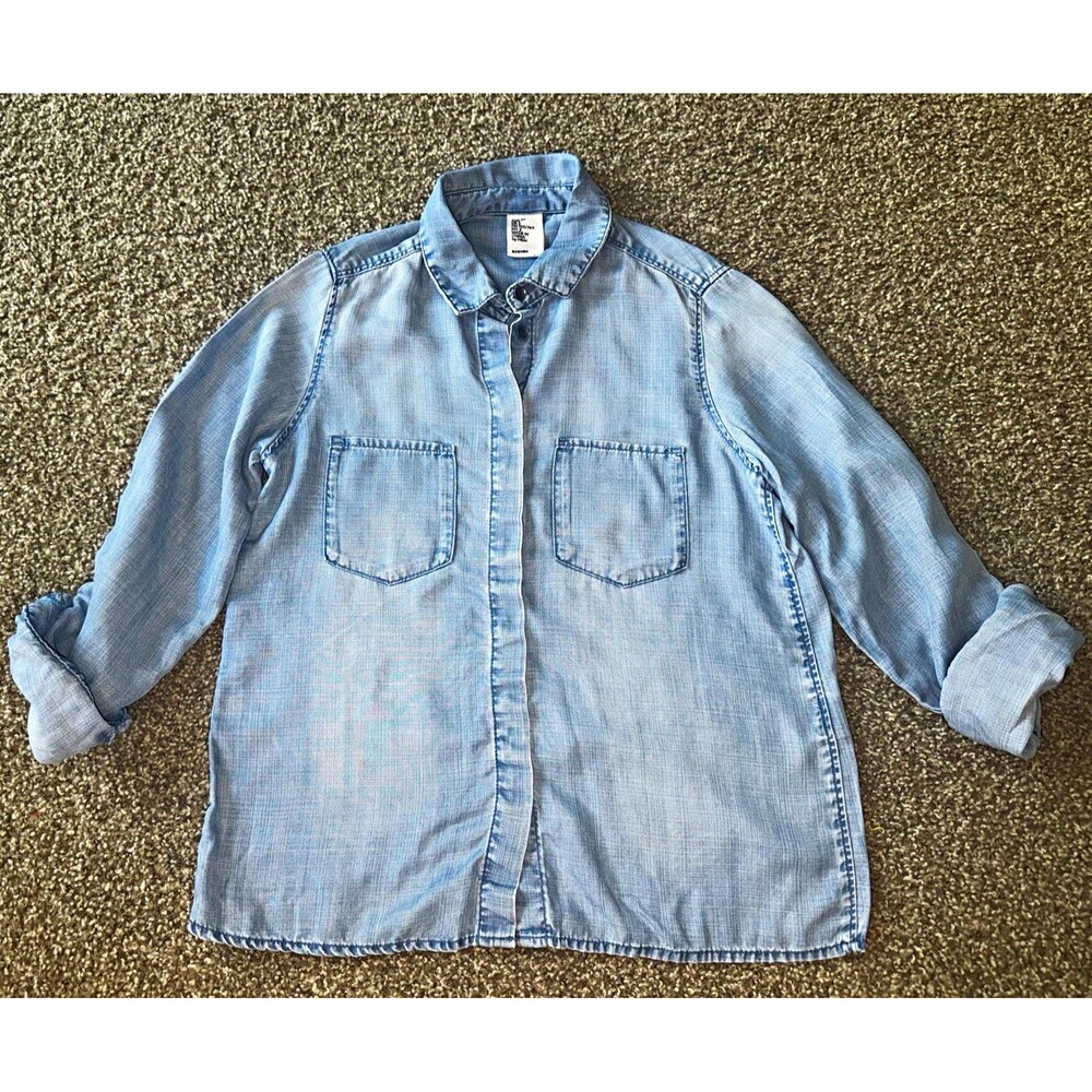 H&M Men's S Blue Solid Long Sleeve Lyocell Denim Pockets Button-Up Shirt